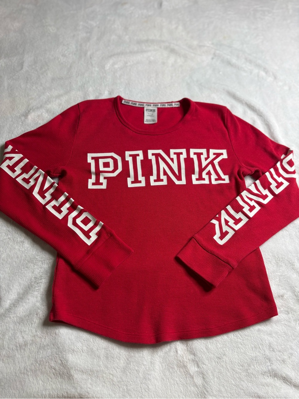 PINK Victoria's Secret Red Waffle-Knit Crewneck Sleepwear sweaterwith White Logo